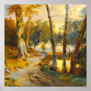 Poster Pintura a Óleo Vintage de Árvores da Floresta e Ri