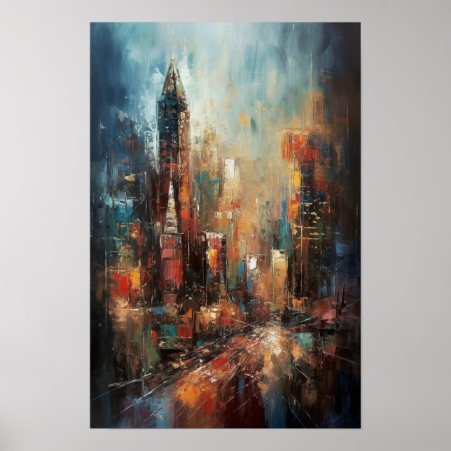 Poster Pintura Abstrata a Óleo de Manhattan Nova York (Frente)