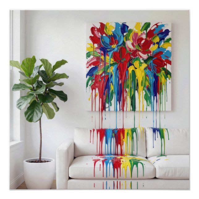 Póster Pintura Abstrata com Tinta Pingando no Sofá Branco (Frente)