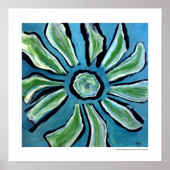 Poster Pintura abstrata de flores azul verde azul turques (Frente)