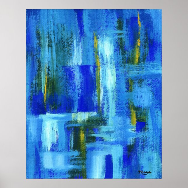 Póster Pintura abstrato de Arte Azul, Dourado Traços (Frente)