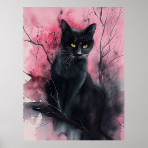 Poster Pintura Abstrato Surreal em Retrato de Gato Preto