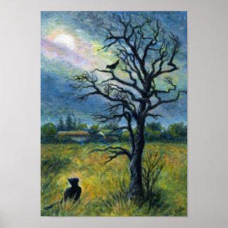 Póster Pintura acrílica, Cat & Bird & Moon