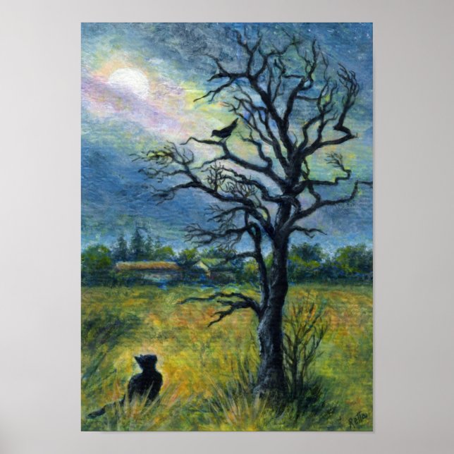 Póster Pintura acrílica, Cat & Bird & Moon (Frente)