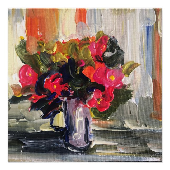 Póster Pintura acrílica, flores vermelhas (Frente)