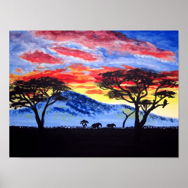 Poster Pintura Afro-Sunset Safari Animal Silhouter (Frente)