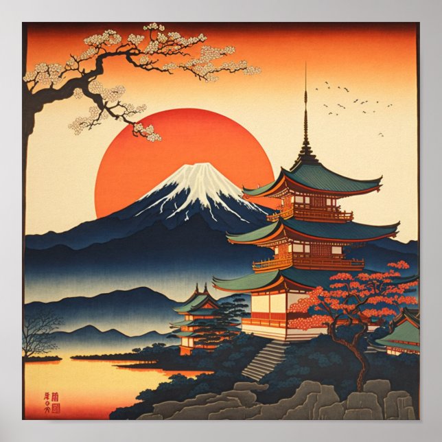 Poster Pintura ao estilo Ukiyo-e de um castelo japonês (Frente)