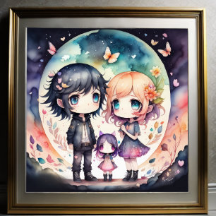 Poster Pintura aquosa da família Kawaii Chibi 1:1