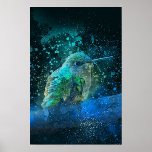 Poster pintura aquosa de beija-flor bonita