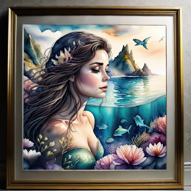 Poster Pintura aquosa de Brunette Mermaid 1:1 (Criador carregado)