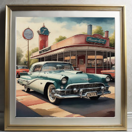 Poster Pintura aquosa de Carro vintage e Diner