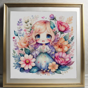 Poster Pintura aquosa de Floral Kawaii Chibi 1:1