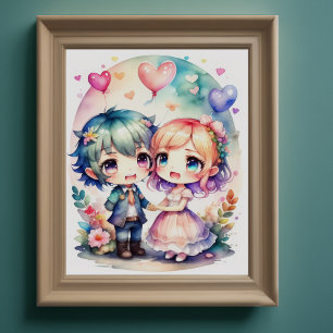 Poster Pintura aquosa de Kawaii Chibi Male Female
