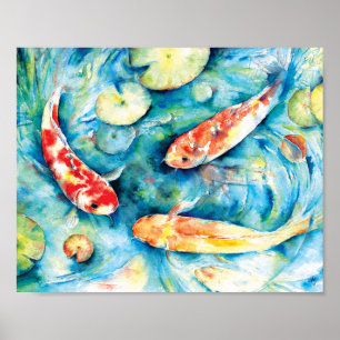 Poster Pintura aquosa de Koi em Lily Pond