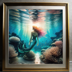 Poster Pintura aquosa de sereia vermelha 1:1
