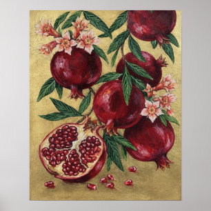 Poster Pintura Artística a Óleo de Romã Botânica na Pared