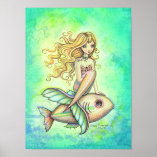 Póster Pintura Artística de Fantasia de Sereia Fofa e Pei