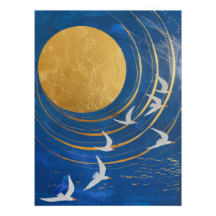Póster Pintura Celestial dos Pássaros da Lua Dourada