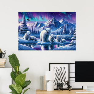 Poster Pintura Cena de Família de Urso Polar na Neve