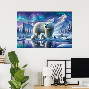 Poster Pintura Cena Família de Ursos Polares na Neve