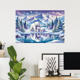 Poster Pintura Cena Nevada Família de Ursos Polares