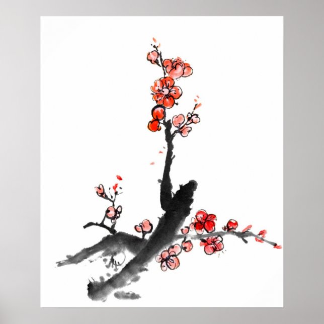 Póster Pintura chinesa de flores, flor de ameixa (Frente)