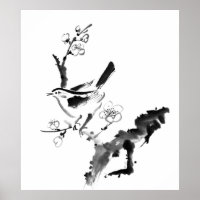Pintura chinesa, flor de ameixa e aves