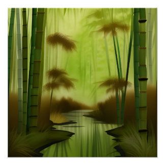 Póster Pintura Chinesa Tradicional na Floresta de Bambu