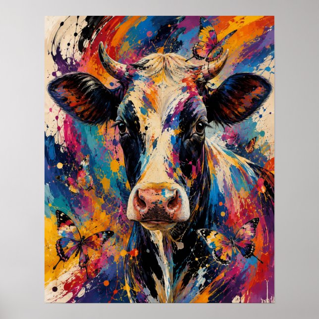 Poster Pintura Colorida Abstrata de Vaca com Borboletas (Frente)