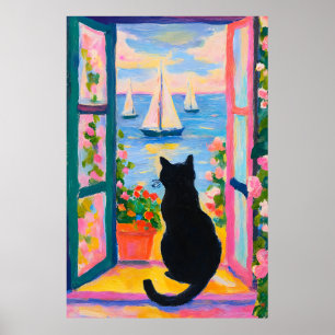 Poster Pintura Colorida de Gato Costeiro na Janela com Ve