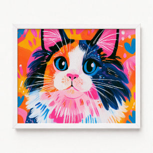 Poster Pintura Colorida de Gato Maine Coon Rosa e Laranja