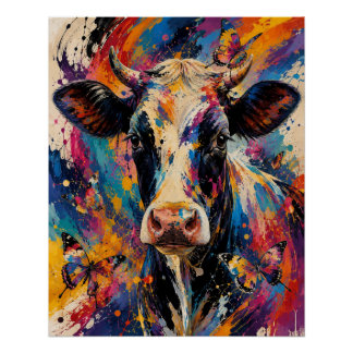 Póster Pintura Colorida e Abstrata de Vaca com Borboletas
