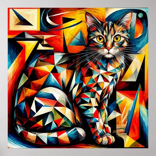 Poster Pintura Cubista Abstrata de Gato (Frente)