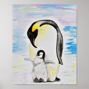 Poster Pintura da aguarela do pinguim e do pintinho de