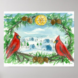 Póster Pintura da Aldeia de Neve de Inverno de Aves Cardi