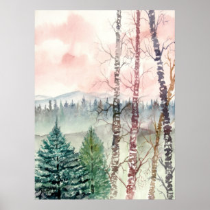 Póster pintura da árvore de vidoeiro da paisagem