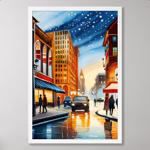 Poster pintura da cidade colorida luz noite carro de neve