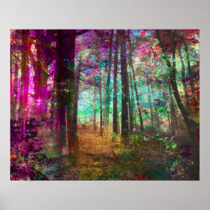 Poster Pintura da Floresta de Fantasia de ouro