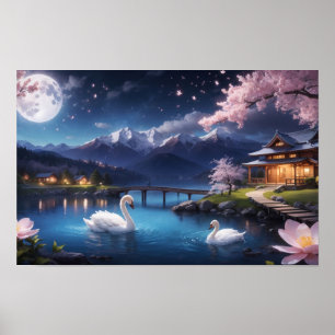 Poster Pintura da Maravilhosa Noite Japão Árvore Sakura