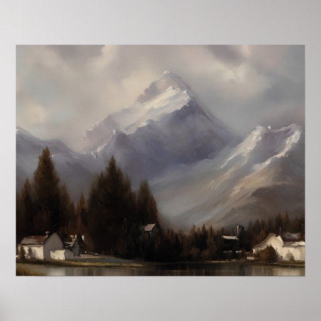 Poster Pintura da montanha de neve no lago - Arte de inve (Frente)