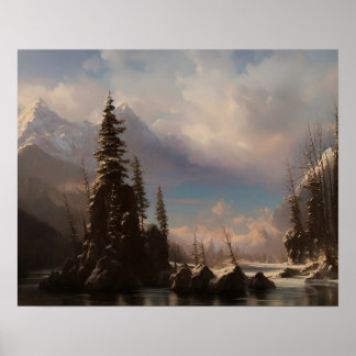 Poster Pintura da montanha de neve no lago - arte paisagí