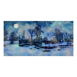 Póster Pintura da noite de inverno no parque urbano