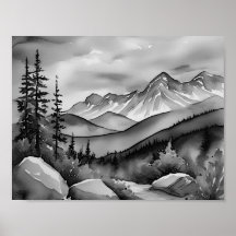 Pintura da paisagem branca e preta de montanhas
