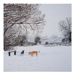 Póster pintura da paisagem da neve com cães