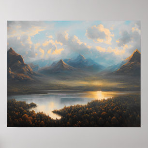 Poster Pintura da paisagem do lago de montanha - arte pai