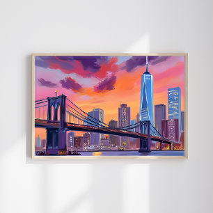 Poster Pintura da Ponte da Silhueta de Nova York aquarela