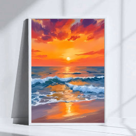 Poster Pintura da Praia do Oceano no Pôr do Sol da Hora D