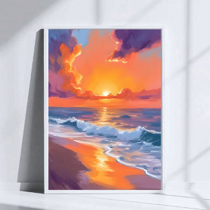 Poster Pintura da Praia do Pôr do Sol Laranja da Hora Dou
