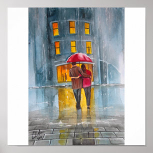 Póster PINTURA DA rua RAINY DAY RED UMBRELLA