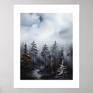 Poster Pintura da Vista das Árvores da Floresta Nebulosa
